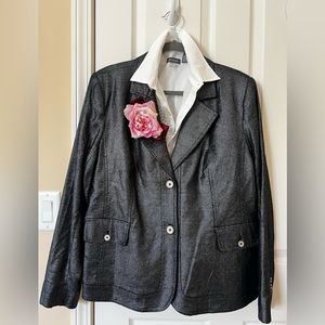Black-silver-metallic linen cotton, button front, long sleeves blazer/jacket.